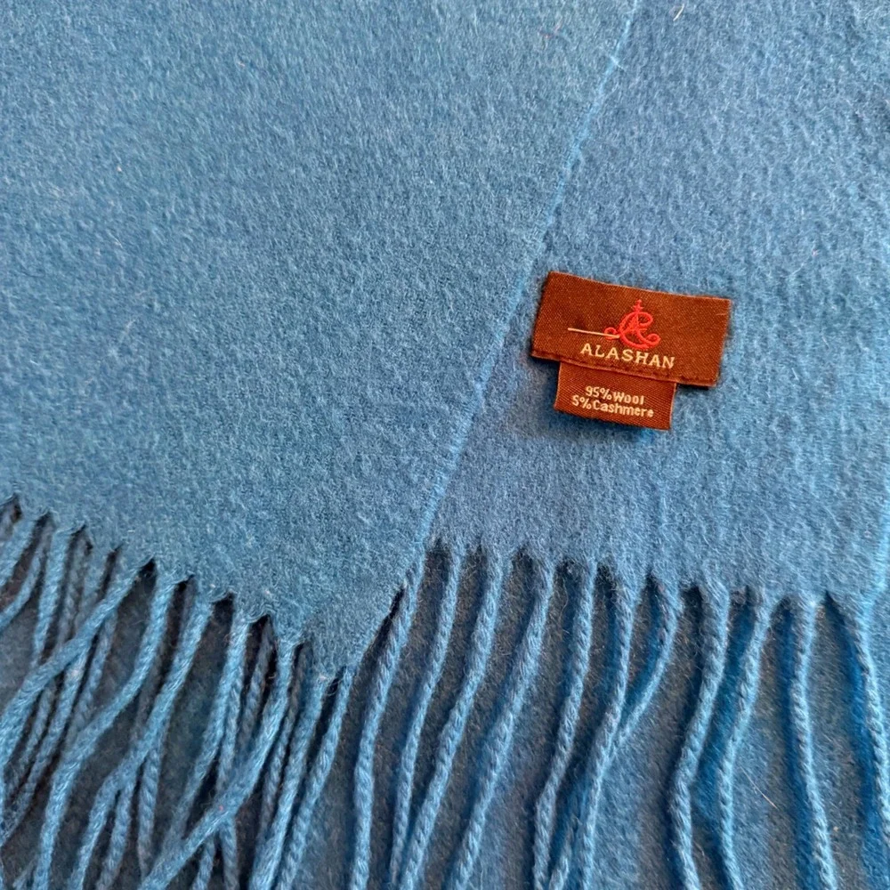 Vintage Alashan Blue Wool Cashmere Fringe Scarf Solid Winter Accessory